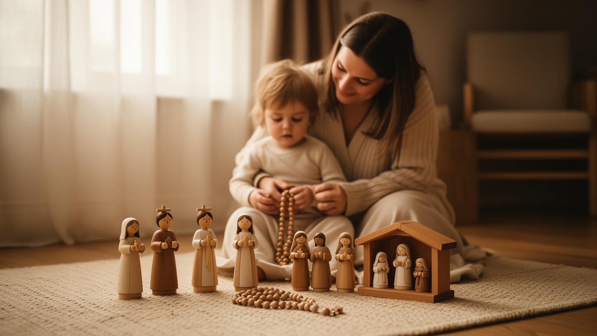 Catholic family playing with handcrafted wooden saint toys